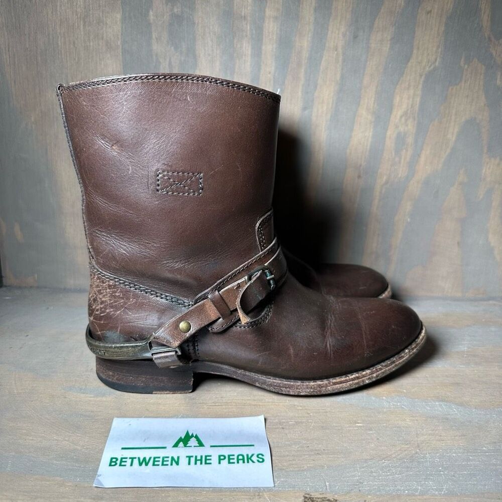 Frye Womens 5.5 Motorcycle Boots Brown Leather Straps Metal Harness Mid Calf